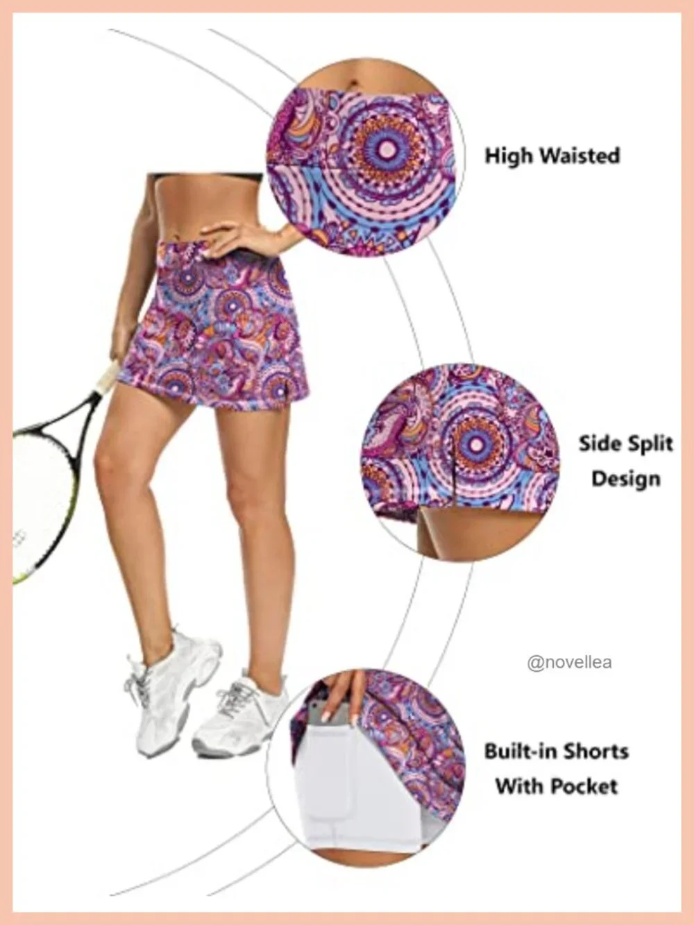 Nylon Spandex Tennis Skort with Built-in Shorts, Side Pocket, High Rise,